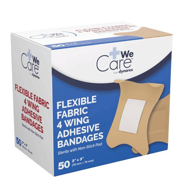 Dynarex Adhesive Fabric Bandages Four Wing Sterile 3”x 3” (BX50)
