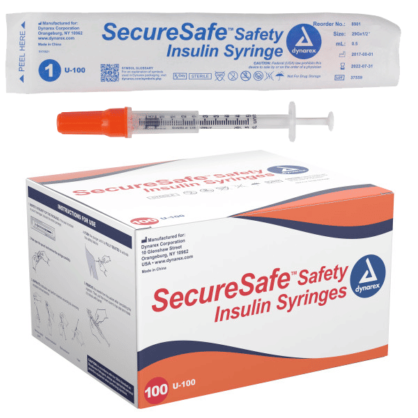 Dynarex Safety Insulin Syringe .5 ML -29G x ½” Needle (BX100)