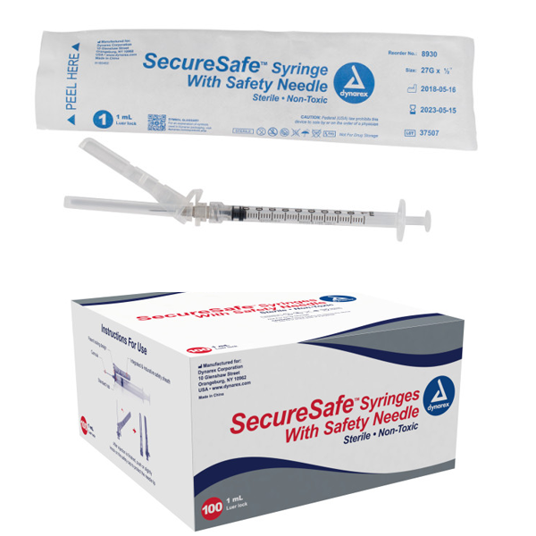 Dynarex Securesafe Syringe W/Safety Needle 1 CC LL -25G x 1 ½” Needle (BX100)
