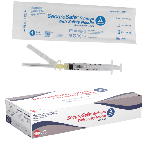 Dynarex Securesafe Syringe W/Safety Needle 3 CC LL -20G x 1 ½” Needle (BX100)