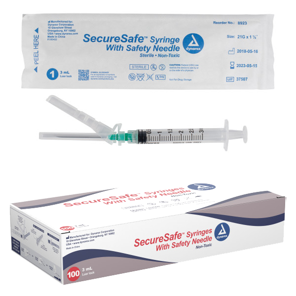 Dynarex Securesafe Syringe W/Safety Needle 3 CC LL 21G x 1 ½” Needle (BX100)