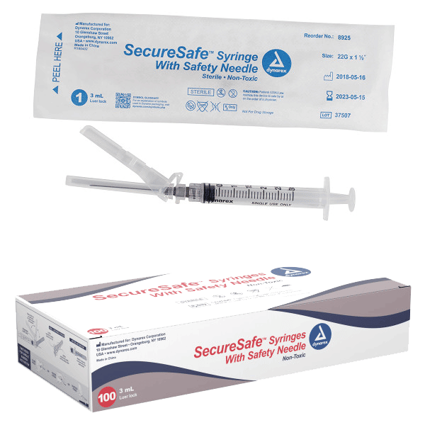 Dynarex Securesafe Syringe W/Safety Needle 3 CC LL -22G x 1 ½”  Needle (BX100)