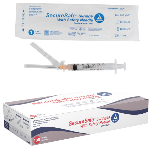 Dynarex Securesafe Syringe W/Safety Needle 3 CC LL -25G x 5/8” Needle (BX100)